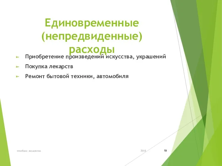 Единовременные (непредвиденные) расходы Приобретение произведений искусства, украшений Покупка лекарств Ремонт бытовой техники, автомобиля 2018 семейная экономика