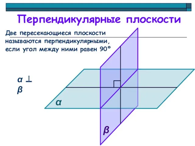 Перпендикулярные плоскости Две пересекающиеся плоскости называются перпендикулярными, если угол между