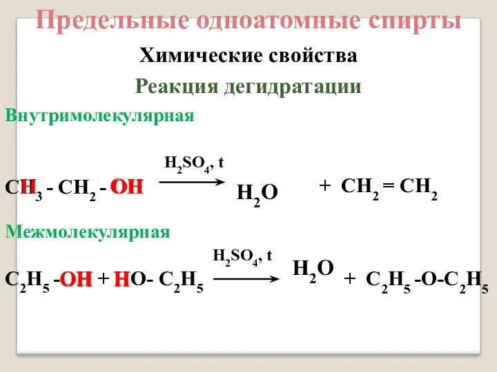 Предельные одноатомные cпирты Химические свойства Реакция дегидратации Внутримолекулярная H2SO4, t