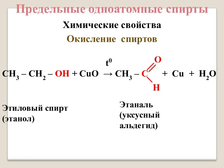 Предельные одноатомные cпирты Химические свойства Окисление спиртов CH3 – CH2