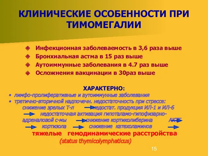 КЛИНИЧЕСКИЕ ОСОБЕННОСТИ ПРИ ТИМОМЕГАЛИИ ХАРАКТЕРНО: лимфо-пролиферативные и аутоиммунные заболевания третично-вторичной