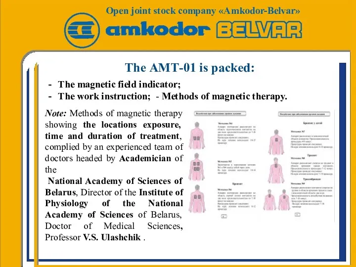 The АМТ-01 is packed: Note: Methods of magnetic therapy showing the locations exposure,