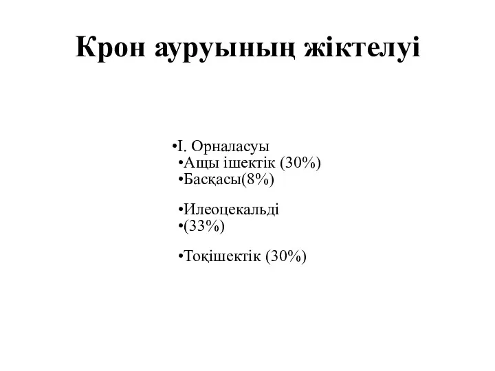 Крон ауруының жіктелуі I. Орналасуы Ащы ішектік (30%) Басқасы(8%) Илеоцекальді (33%) Тоқішектік (30%)