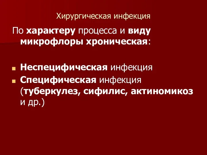 Хирургическая инфекция По характеру процесса и виду микрофлоры хроническая: Неспецифическая