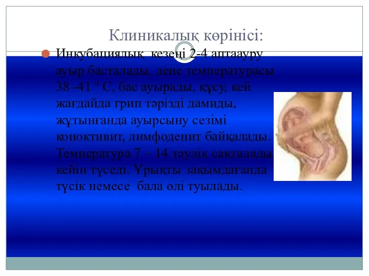 Клиникалық көрінісі: Инкубациялық кезеңі 2-4 аптаауру ауыр басталады, дене температурасы