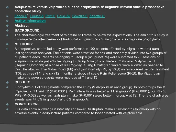 Acupuncture versus valproic acid in the prophylaxis of migraine without