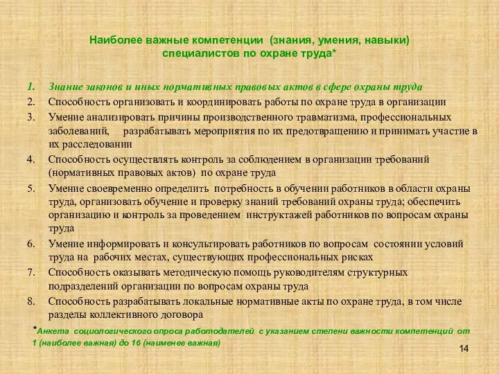 Наиболее важные компетенции (знания, умения, навыки) специалистов по охране труда*