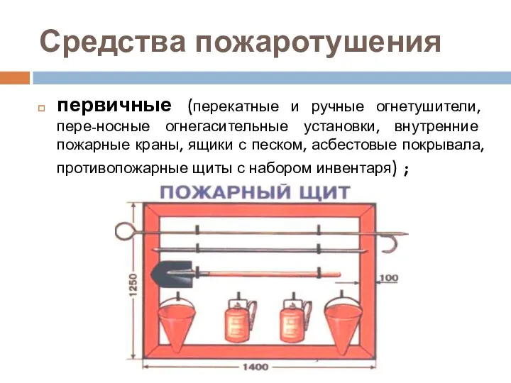 Средства пожаротушения первичные (перекатные и ручные огнетушители, пере-носные огнегасительные установки,