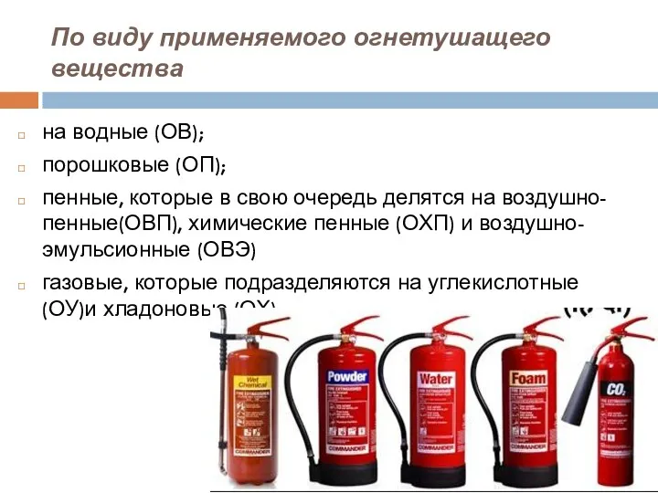 По виду применяемого огнетушащего вещества на водные (ОВ); порошковые (ОП);