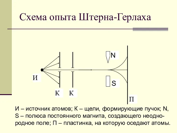 Схема опыта Штерна-Герлаха И – источник атомов; К – щели,