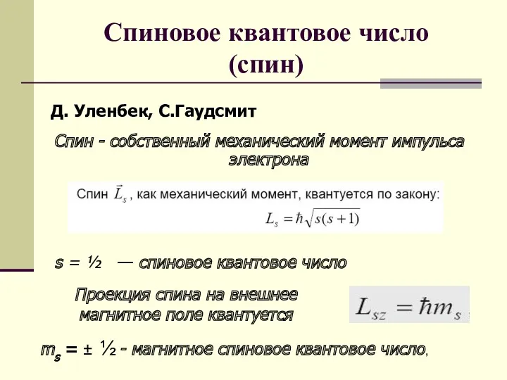 Спиновое квантовое число (спин) Спин - собственный механический момент импульса