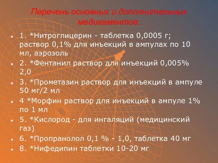 Перечень основных и дополнительных медикаментов: 1. *Нитроглицерин - таблетка 0,0005