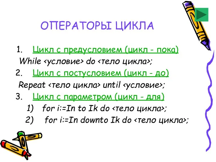 ОПЕРАТОРЫ ЦИКЛА Цикл с предусловием (цикл - пока) While do