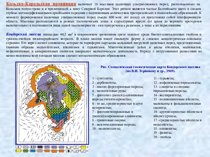 Кольско-Карельская провинция включает 16 массивов щелочных ультраосновных пород, расположенных на