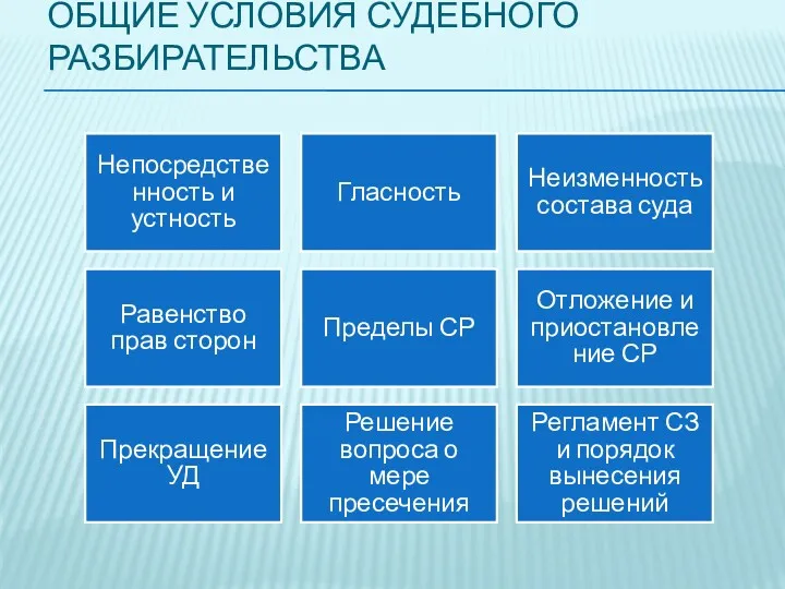 ОБЩИЕ УСЛОВИЯ СУДЕБНОГО РАЗБИРАТЕЛЬСТВА Непосредственность и устность Гласность Неизменность состава суда Равенство прав