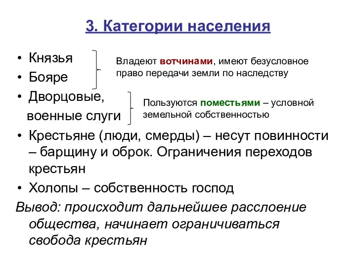 3. Категории населения Князья Бояре Дворцовые, военные слуги Крестьяне (люди,