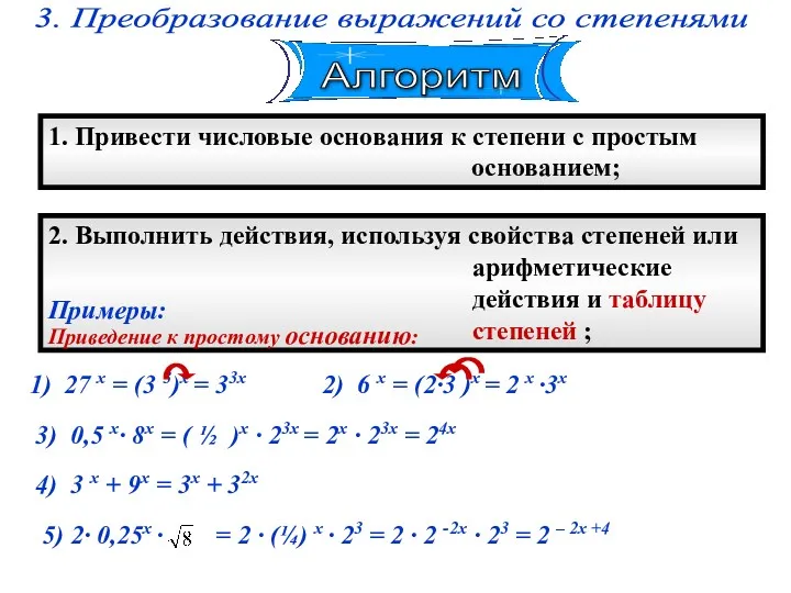 3. Преобразование выражений со степенями 2. Выполнить действия, используя свойства