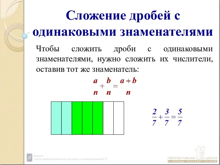 Сложение дробей с одинаковыми знаменателями Чтобы сложить дроби с одинаковыми