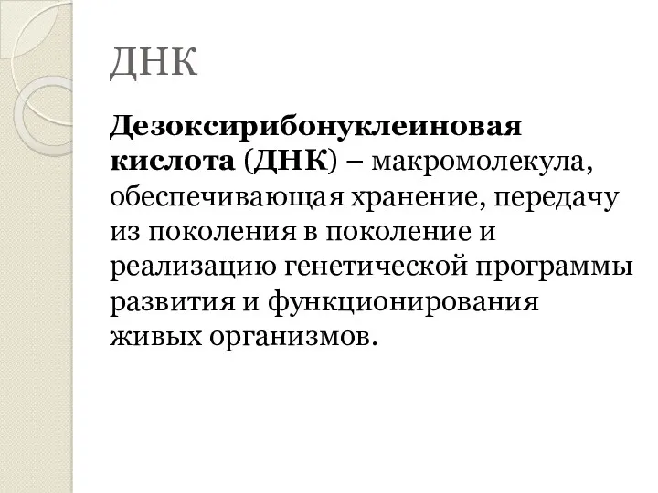 ДНК Дезоксирибонуклеиновая кислота (ДНК) – макромолекула, обеспечивающая хранение, передачу из