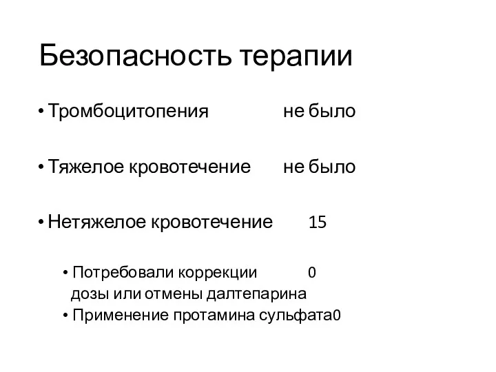 Безопасность терапии Тромбоцитопения не было Тяжелое кровотечение не было Нетяжелое