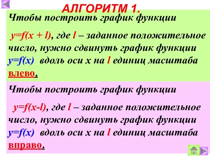 Чтобы построить график функции y=f(x + l), где l –