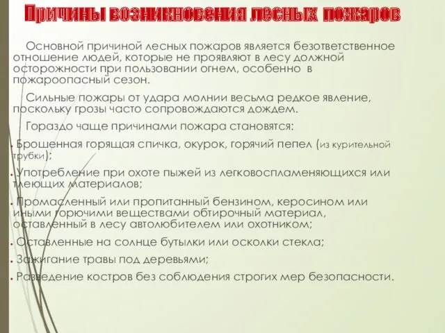 Причины возникновения лесных пожаров Основной причиной лесных пожаров является безответственное