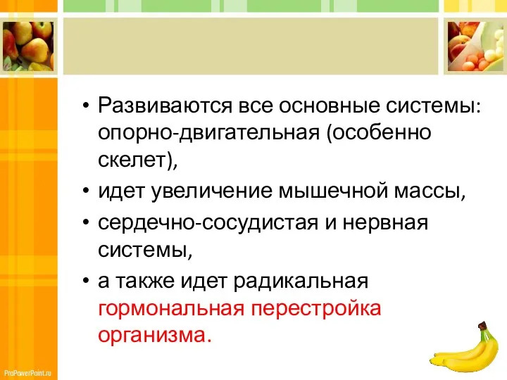 Развиваются все основные системы: опорно-двигательная (особенно скелет), идет увеличение мышечной