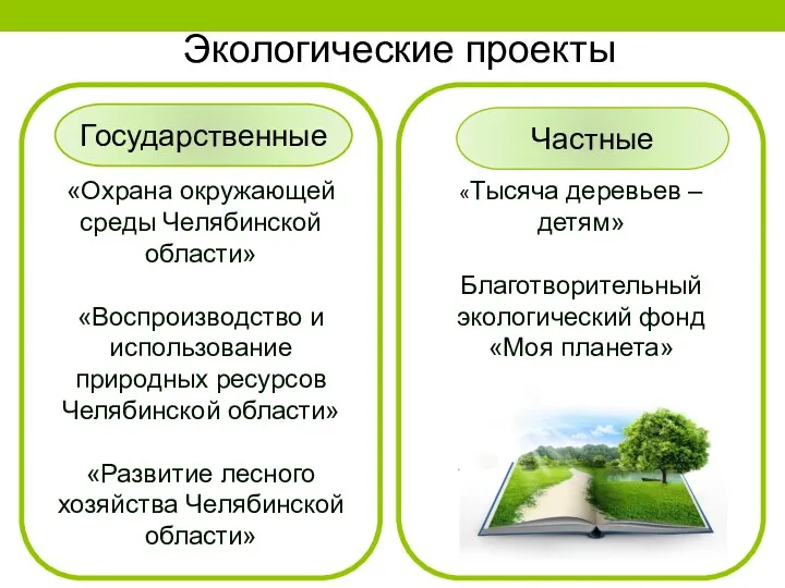 Экологические проекты «Охрана окружающей среды Челябинской области» «Воспроизводство и использование