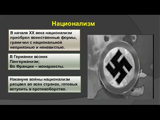 Национализм В начале ХХ века национализм приобрел воинственные формы, граничил