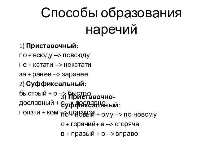 Способы образования наречий 1) Приставочный: по + всюду --> повсюду