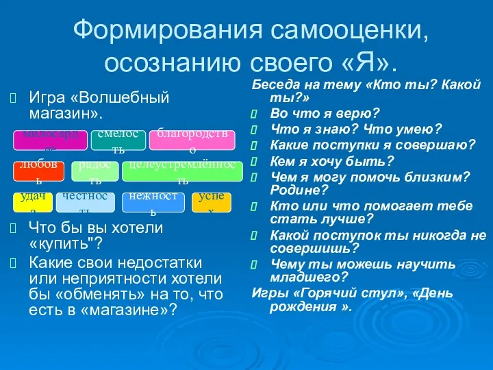 Формирования самооценки, осознанию своего «Я». Игра «Волшебный магазин». Что бы