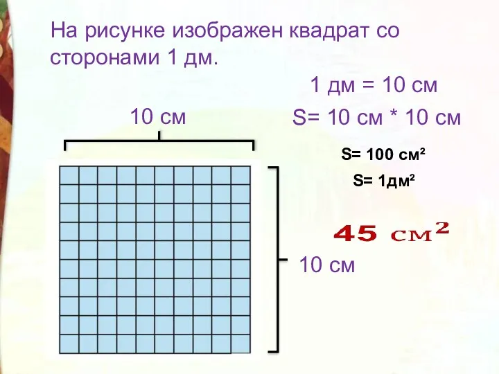 На рисунке изображен квадрат со сторонами 1 дм. 10 см