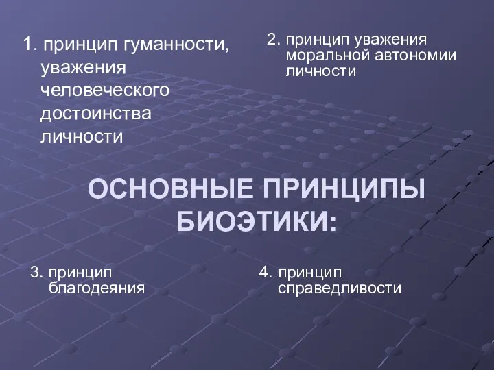 ОСНОВНЫЕ ПРИНЦИПЫ БИОЭТИКИ: 1. принцип гуманности, уважения человеческого достоинства личности