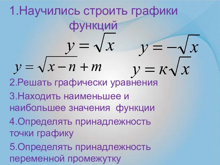 1.Научились строить графики функций 2.Решать графически уравнения 3.Находить наименьшее и наибольшее значения функции