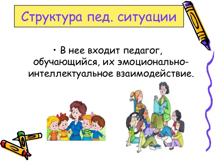 Структура пед. ситуации В нее входит педагог, обучающийся, их эмоционально-интеллектуальное