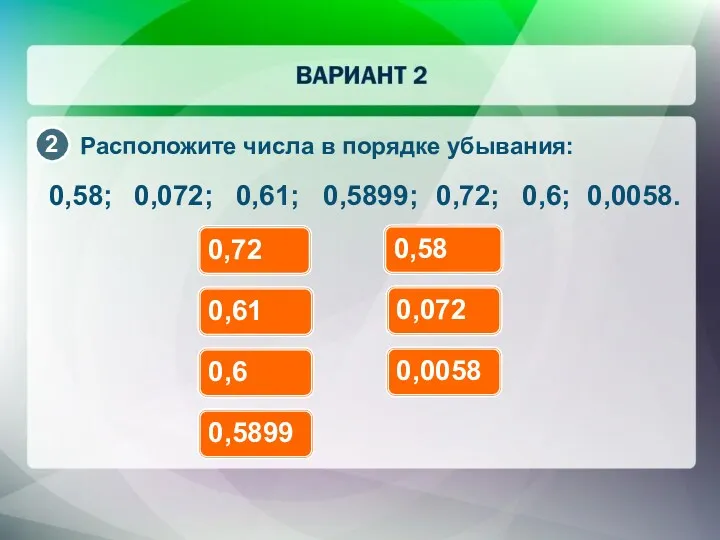 Расположите числа в порядке убывания: 0,58; 0,072; 0,61; 0,5899; 0,72; 0,6; 0,0058. 0,72