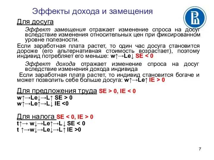 Эффекты дохода и замещения Для досуга Эффект замещения отражает изменение