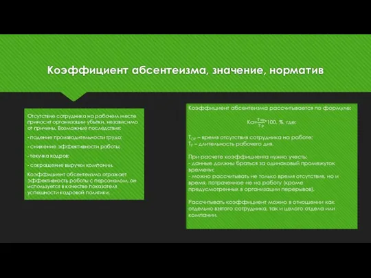 Коэффициент абсентеизма, значение, норматив Отсутствие сотрудника на рабочем месте приносит