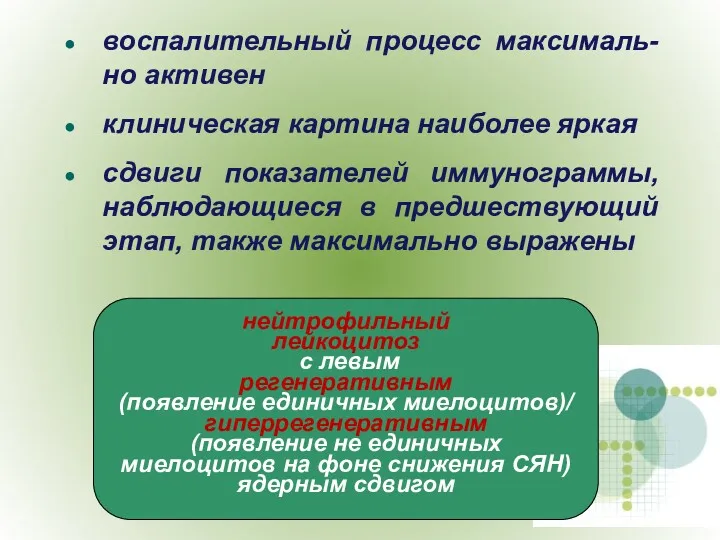 воспалительный процесс максималь-но активен клиническая картина наиболее яркая сдвиги показателей