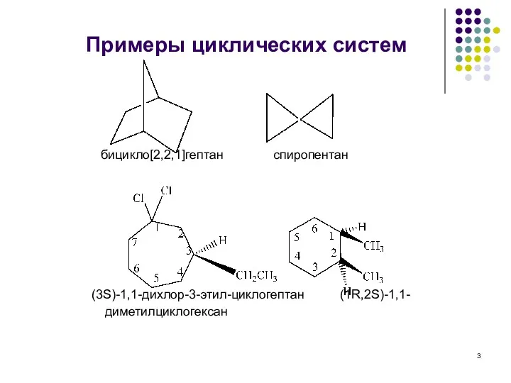 Примеры циклических систем бицикло[2,2,1]гептан спиропентан (3S)-1,1-дихлор-3-этил-циклогептан (1R,2S)-1,1-диметилциклогексан