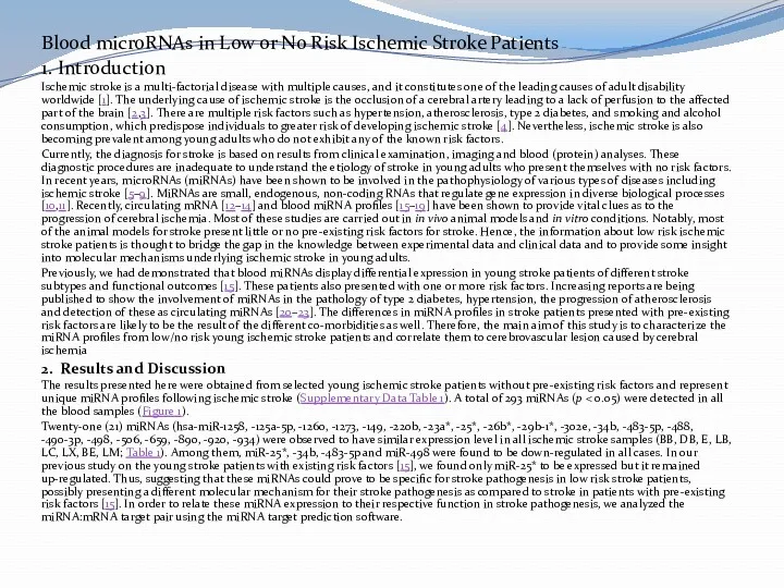 Blood microRNAs in Low or No Risk Ischemic Stroke Patients