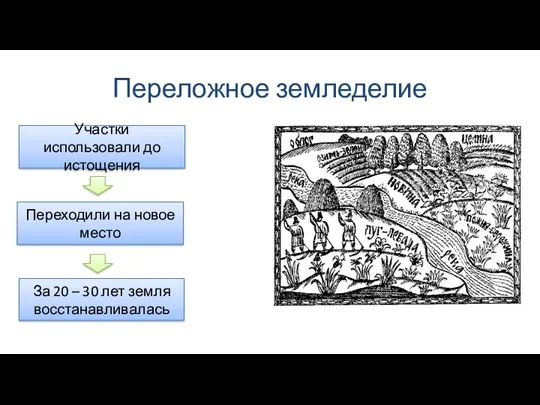 Переложное земледелие Участки использовали до истощения Переходили на новое место