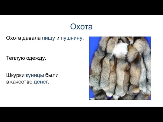 Охота Теплую одежду. Охота давала пищу и пушнину. Шкурки куницы были в качестве денег.