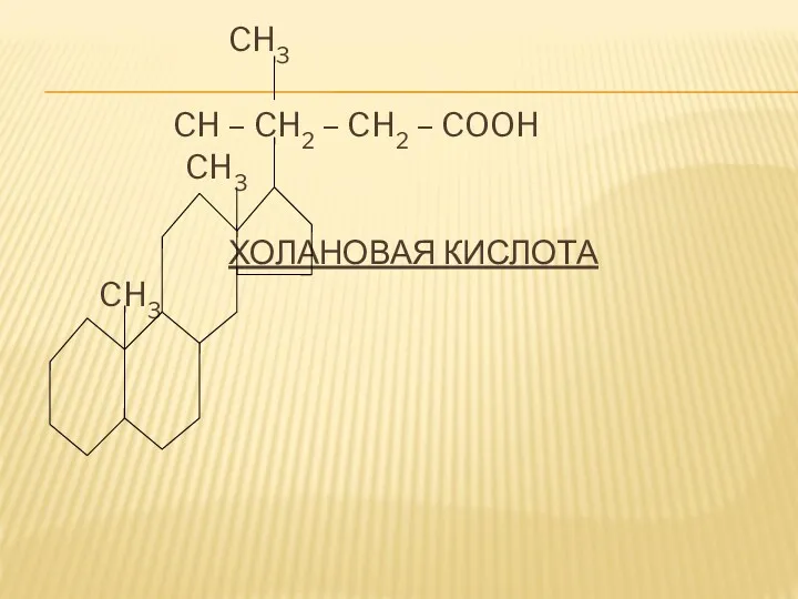 CH3 CH – CH2 – CH2 – COOH CH3 ХОЛАНОВАЯ КИСЛОТА CH3