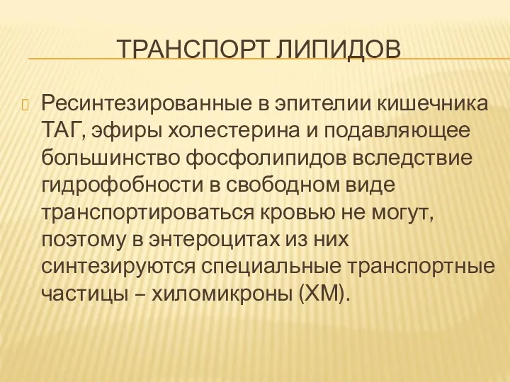 ТРАНСПОРТ ЛИПИДОВ Ресинтезированные в эпителии кишечника ТАГ, эфиры холестерина и