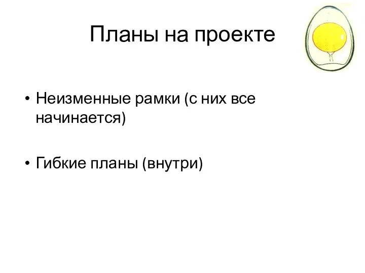 Планы на проекте Неизменные рамки (с них все начинается) Гибкие планы (внутри)