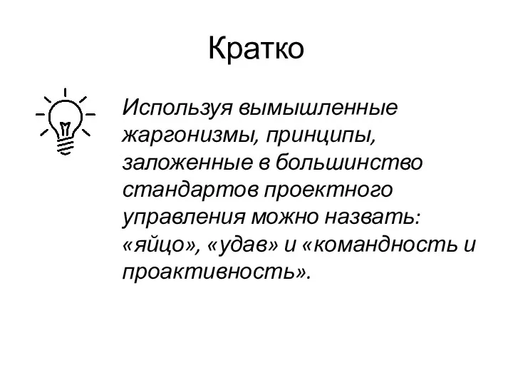 Кратко Используя вымышленные жаргонизмы, принципы, заложенные в большинство стандартов проектного