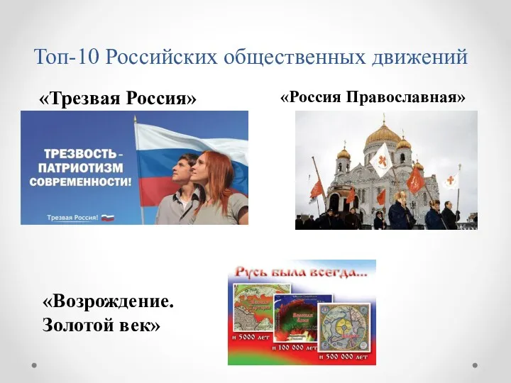 Топ-10 Российских общественных движений «Россия Православная» «Трезвая Россия» «Возрождение. Золотой век»