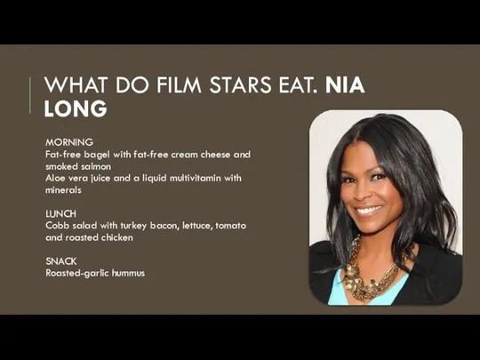 WHAT DO FILM STARS EAT. NIA LONG MORNING Fat-free bagel with fat-free cream