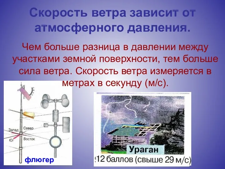 Скорость ветра зависит от атмосферного давления. Чем больше разница в